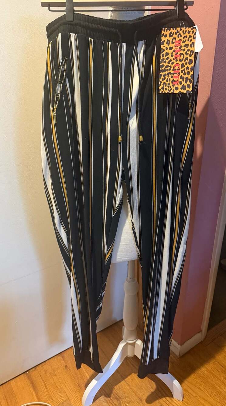 Bae City Black White Yellow Striped Jogger Pants 2X NWT